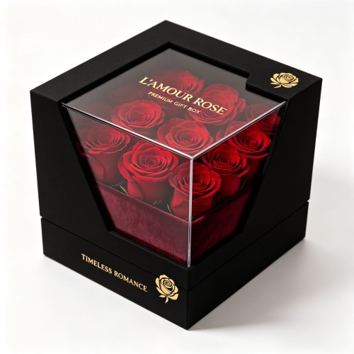 Luxury Window Rose Gift Box Rectangle Transparent Window Flower Packaging Box for Valentine Birthday Gift