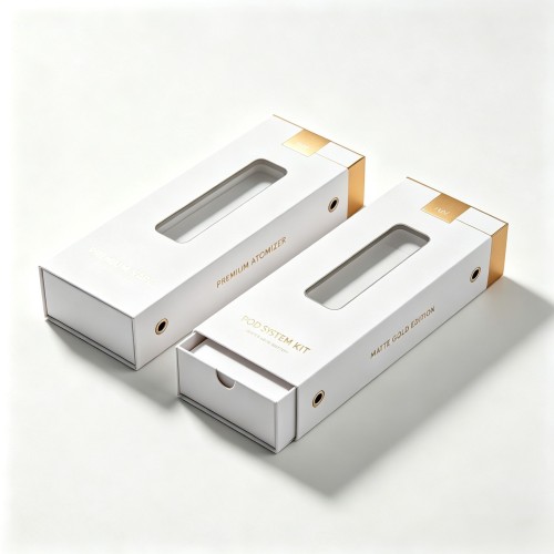 Custom Printed Luxury E-Cigarette Packaging Box, White Background Matte Lamination Gold Hot Stamping Rigid Box For Pod